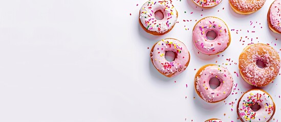 Poster - An overhead view of a delectable dessert - iced donuts on a white backdrop with room for text or images.