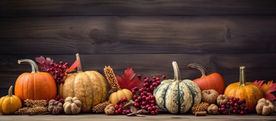 Poster - Various pumpkins adorned with nuts, berries, and grains arranged in front of rustic wooden boards in a festive fall-themed arrangement, perfect as a copy space image.