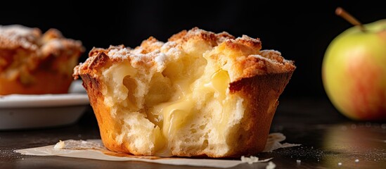 Poster - Close up of a piece of Maasdam cheese and apple muffin, a fresh homemade cake showcasing a healthy breakfast concept with a copy space image.