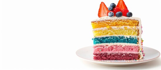 Poster - Colorful cake with copy space image, ready to eat, isolated on a white background, captured in a horizontal side view.