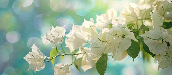 Aufkleber - White bougainvillea flowers adorn the image with ample copy space to create a peaceful and elegant aesthetic.