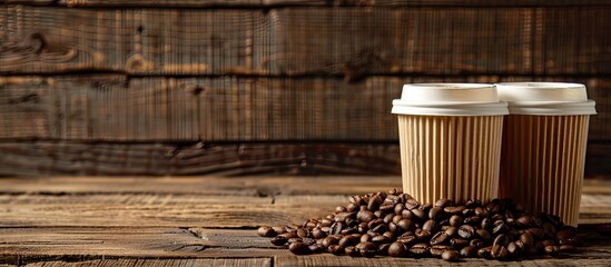 Sticker - Two textured paper cups next to a mound of coffee beans on a wooden backdrop with a copy space image.