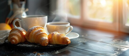 Sticker - A cozy scene featuring hot coffee, butter croissants, and a black table with soft-focus and light in the background, ideal for a copy space image.