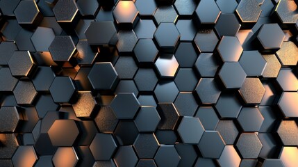 Futuristic 3D geometric pattern with seamless metallic hexagons forms a modern mosaic design, appropriate for wallpapers and graphic art.