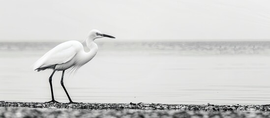 Aufkleber - Monochromatic image showing a small egret (Egretta garzetta) strolling by the lake shore with a blank space for text or design insertion.