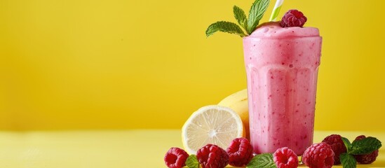 Poster - Close up image of a raspberry smoothie with summer fruits on a pastel yellow background for a healthy lifestyle concept with copy space.