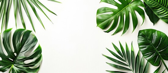 Fototapete - An aerial perspective of tropical palm leaves and a Monstera plant on a white backdrop, showcasing a designated area for additional content like text or images.