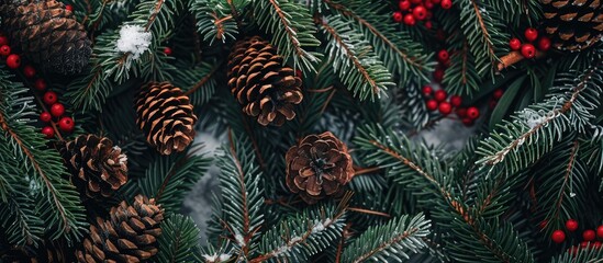 Canvas Print - Top-down view of a Christmas tree made of twigs, adorned with brown pine cones, red berries, and snow, allowing for text placement in the image.