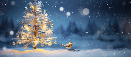 Sticker - A white Christmas tree adorned with silver and gold ornaments under a beautiful blue bird on a twinkling evening sky with falling snow and lovely bokeh, with room for a picture.