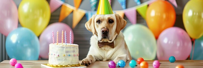 Poster - A cute dog wearing a party hat sits in front of a cake on its birthday. AI.