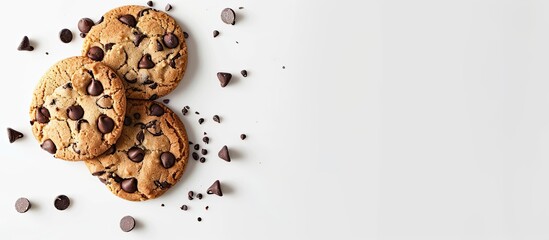 Poster - Cookie with chocolate chips on a white background with copy space image.