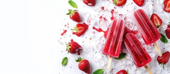 Sticker - Bright refreshing taste of summer captured in a homemade strawberry popsicle with ice cream sticks against a white background in a copy space image.