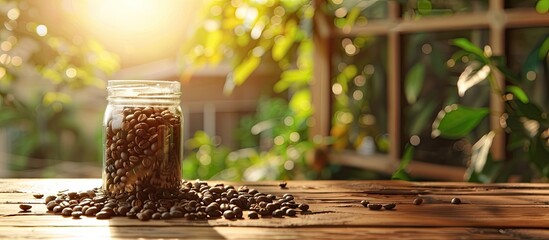 Poster - Morning sunlight illuminates coffee beans on the table, enhancing the cozy ambience of the scene with a warm glow; perfect copy space image.