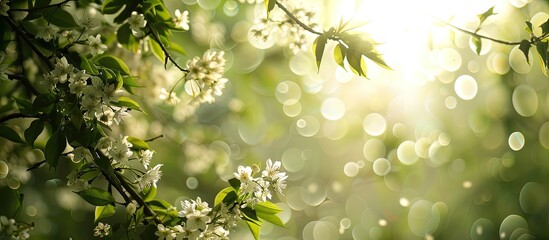 Aufkleber - In a windy spring forest, a bird cherry tree blooms, creating a picturesque scene with a copy space image.