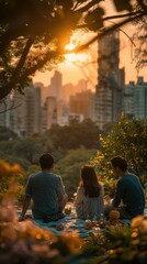 Poster - Friends enjoying a picnic in the park as the sun sets. AI.