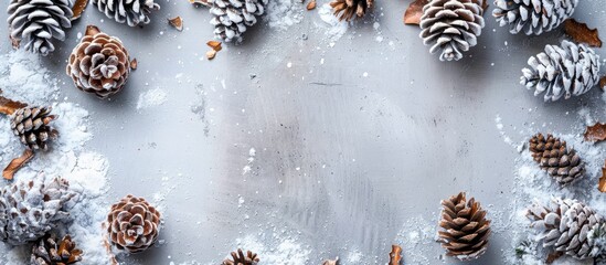 Fototapete - Pine cone frame on concrete backdrop suggesting winter or Christmas theme with top view and copy space image.