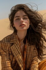 Canvas Print - Portrait of a beautiful young woman in a brown checkered blazer standing in a desert. AI.