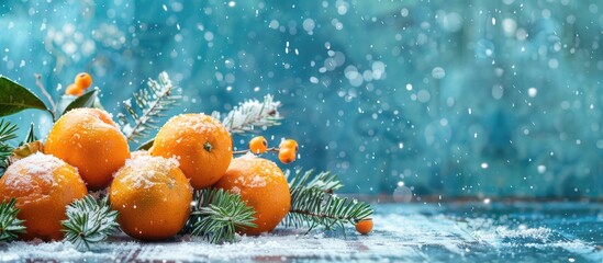 Poster - A festive scene featuring tangerines, a fir branch, and falling snow on a retro-style blue backdrop, suitable for a copy space image.