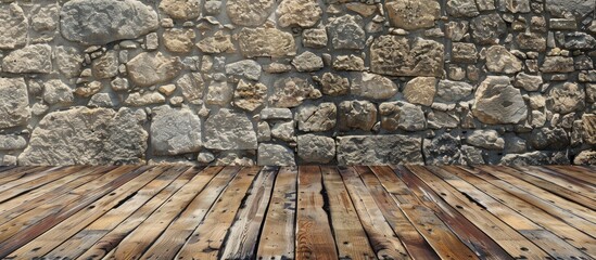 Aufkleber - Backgrounds featuring a wooden floor and a stone wall with copy space image.