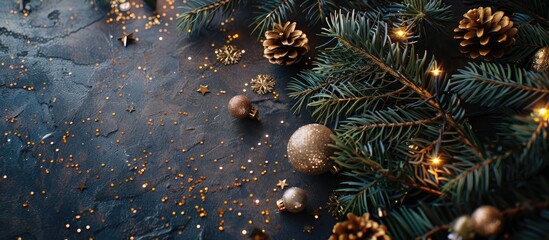 Wall Mural - Top view of a Christmas-themed setting with fir branches, gold decorations, and a suitable copy space image.