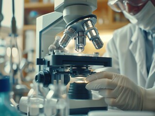 Wall Mural - Scientist looking through a microscope in a laboratory. AI.