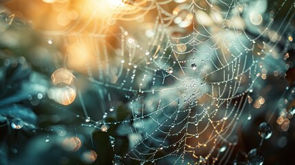 Morning dew on spider webs on a tree trunk with soft, hazy warm morning sunlight in the background