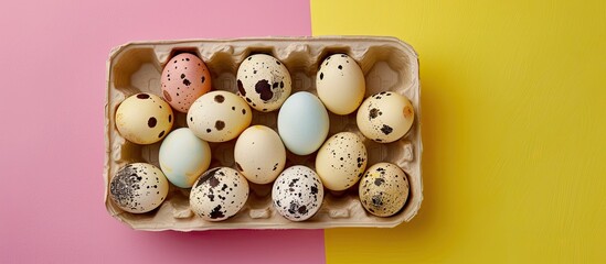 Poster - Easter-themed quail eggs in a carton on yellow and pink backdrop, featuring a holiday greeting concept. Top view of a creative copy space image.