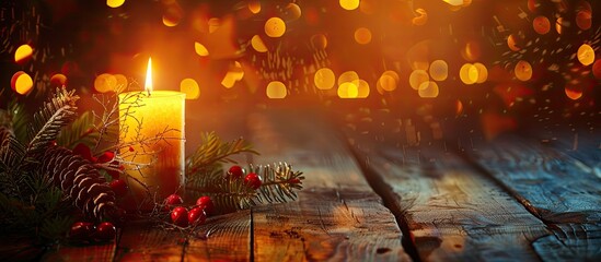 Poster - A warm-toned Christmas light illuminates a candle against a wooden backdrop, creating a cozy ambiance with copy space image.