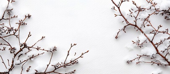 Aufkleber - Snow-covered twigs on a white backdrop with a space for adding text in the image.