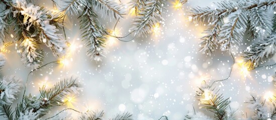 Poster - White background with Christmas lights, green tree branches, and space for text or image. Top view of a festive setting symbolizing New Year celebrations and greetings.
