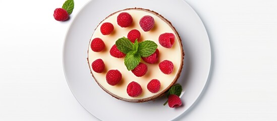 Poster - Top-down view of a raspberry cheesecake on a white plate with mint leaves, featuring a blank space for additional text or images.
