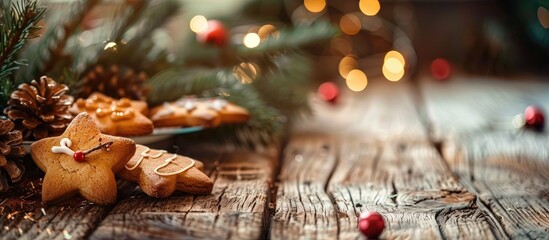 Canvas Print - Christmas cheer with homemade cookies displayed on an aged wooden table, creating a warm festive ambiance. Happy Holidays! (including 'copy space image')