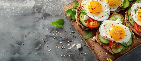 Canvas Print - Whole wheat bread topped with sliced eggs and vegetables, with a copy space image.