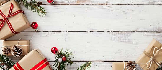 Aufkleber - Old white wooden background featuring Christmas gifts with copy space image.
