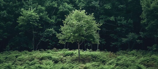Aufkleber - Young tulip poplar tree surrounded by lush ferns, creating a serene forest scene with a backdrop for text or graphics with copy space image.