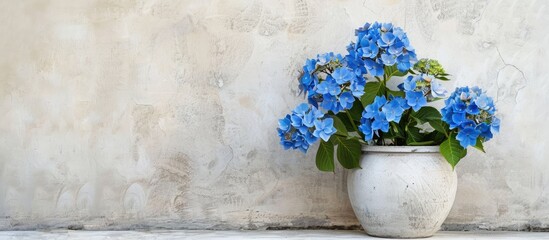 Poster - Blue potted artificial flower against white cement wall with textured surface, providing copy space image.
