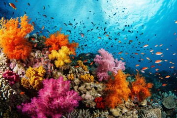 Wall Mural - Various coral types inhabit the rich marine environment of the Great Barrier Reef, A vibrant coral reef with diverse marine life AI generated