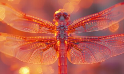 Poster - Close-up of a red dragonfly with its wings spread. AI.