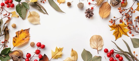 Aufkleber - Top-down view of autumn-themed arrangement with dried green leaves, yellow leaves, and red berries forming a frame on a white backdrop, ideal for text placement in the copy space image.