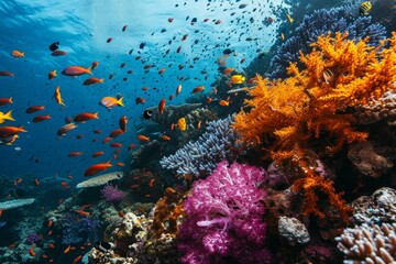 Wall Mural - Diverse coral species thrive in the Great Barrier Reef's vibrant ecosystem, A vibrant coral reef with diverse marine life AI generated