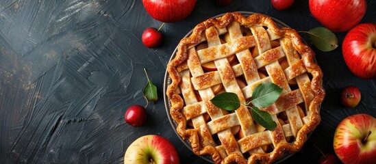 Wall Mural - Apple pie with apples displayed on a dark background with copy space image.