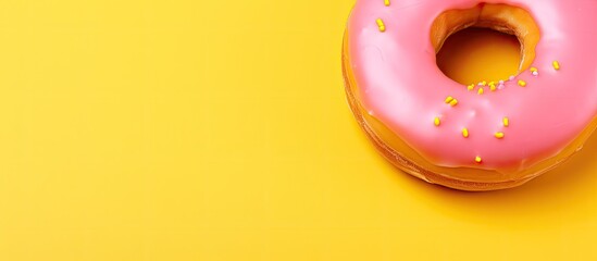 Poster - Close-up of a pink doughnut on a vibrant yellow backdrop with ample copy space image.