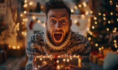 Poster - Excited man opening a Christmas present. AI.