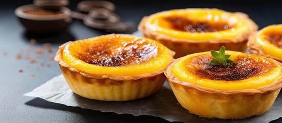 Poster - Portuguese egg custard tart, a classic homemade dessert, showcased on a white background with ample copy space image.
