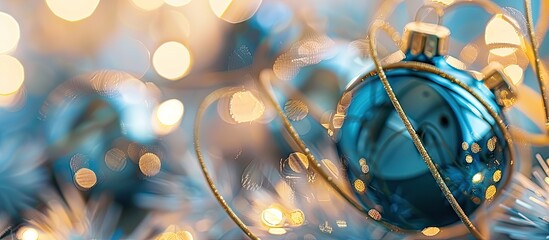Aufkleber - Blurred blue Christmas baubles with golden loops in the backdrop, providing copy space image.