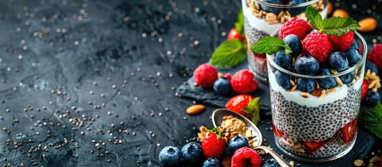 Aufkleber - Close-up image featuring two glasses of chia pudding with vegan almond milk, blueberries, and seeds next to berries & Greek yogurt with a spoon; background includes copy space.