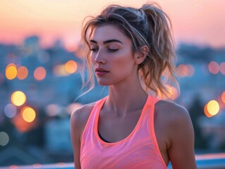 Poster - Portrait of a young woman in a pink tank top looking away from the camera. AI.