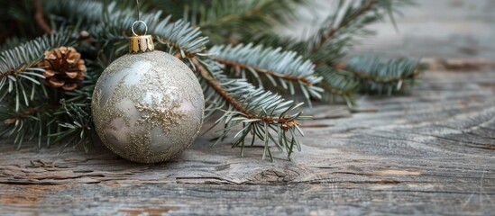 Poster - An elegant holiday ornament paired with a green spruce twig on a rustic wooden backdrop, ideal for a copy space image.