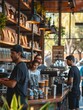 © serg3d - Baristas prepare coffee drinks behind the counter at a coffee shop. AI.
