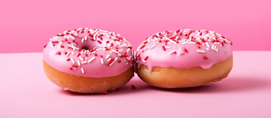 Wall Mural - A pair of new, sugary pink donuts with vibrant red sprinkles are displayed in this enticing copy space image.